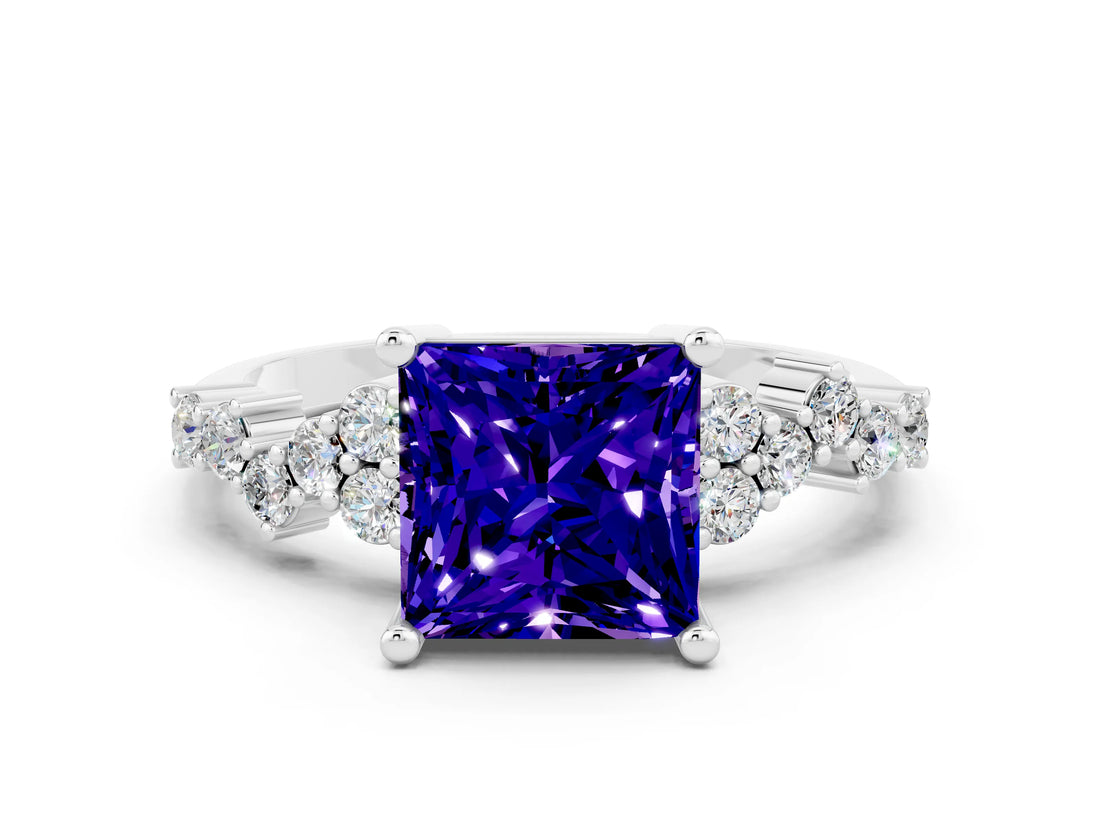Platinum Princess Cut Tanzanite Scattered Round Accent Ring with Prong Setting_30