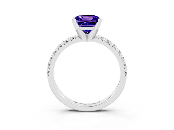 Platinum Princess Cut Tanzanite Solitaire Pavé Engagement Ring with Round Band and Prong Setting