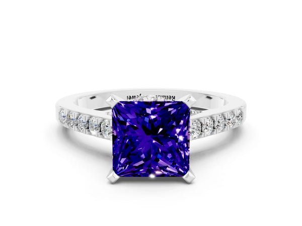 Platinum Princess Cut Tanzanite Solitaire Ring with Crossover Gallery and Round  Pavé Band