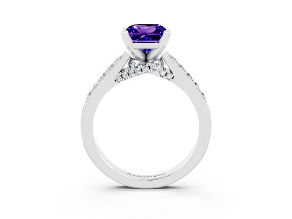 Platinum Princess Cut Tanzanite Solitaire Ring with Crossover Gallery and Round  Pavé Band