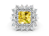 Platinum Princess Cut Yellow Sapphire Floral Double Halo Engagement Ring with Prong Setting_162