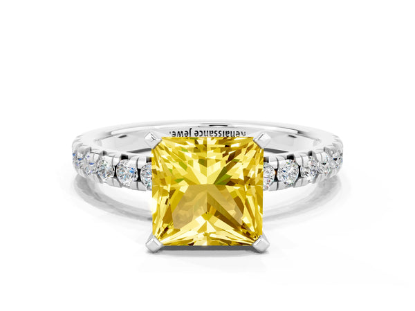 Platinum Princess Cut Yellow Sapphire Solitaire Pavé Engagement Ring with Round Band and Prong Setting
