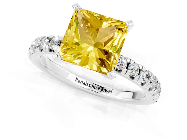 Platinum Princess Cut Yellow Sapphire Solitaire Pavé Engagement Ring with Round Band and Prong Setting
