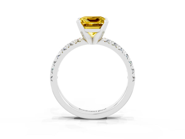Platinum Princess Cut Yellow Sapphire Solitaire Pavé Engagement Ring with Round Band and Prong Setting