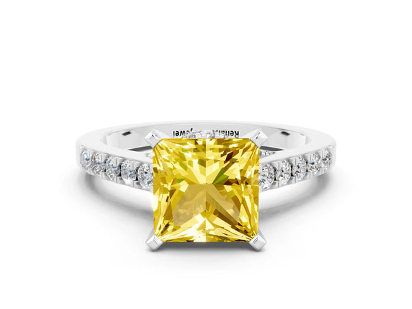 Platinum Princess Cut Yellow Sapphire Solitaire Ring with Crossover Gallery and Round  Pavé Band