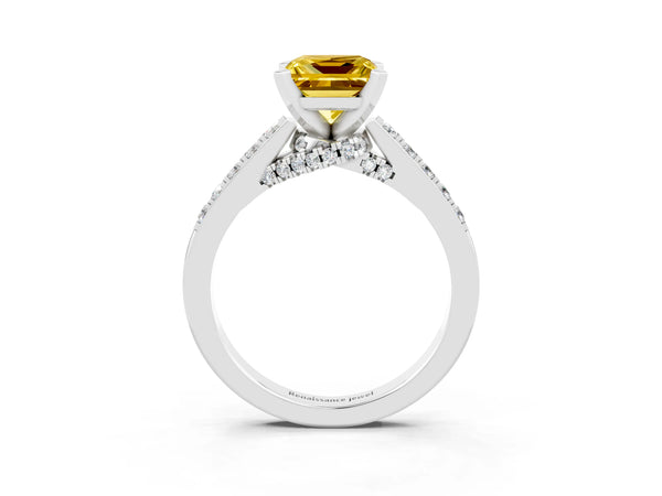 Platinum Princess Cut Yellow Sapphire Solitaire Ring with Crossover Gallery and Round  Pavé Band