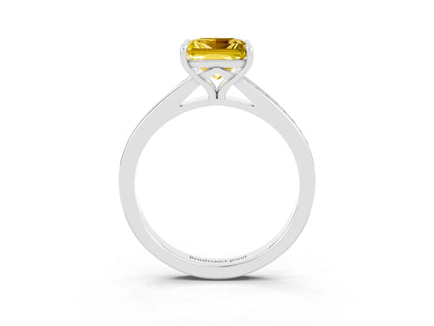 Platinum Princess Cut Yellow Sapphire Solitaire Ring with Pavé Band and Prong Setting_15