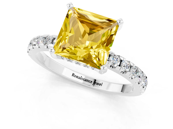 Platinum Princess Cut Yellow Sapphire Solitaire Ring with Round Pavé Band and Four-Prong Setting