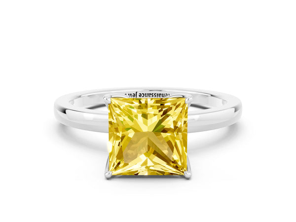Platinum Princess Cut Yellow Sapphire Solitaire Ring with Thin Band and Prong Setting