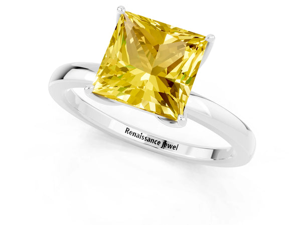 Platinum Princess Cut Yellow Sapphire Solitaire Ring with Thin Band and Prong Setting