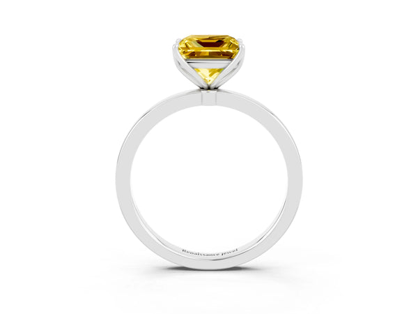 Platinum Princess Cut Yellow Sapphire Solitaire Ring with Thin Band and Prong Setting