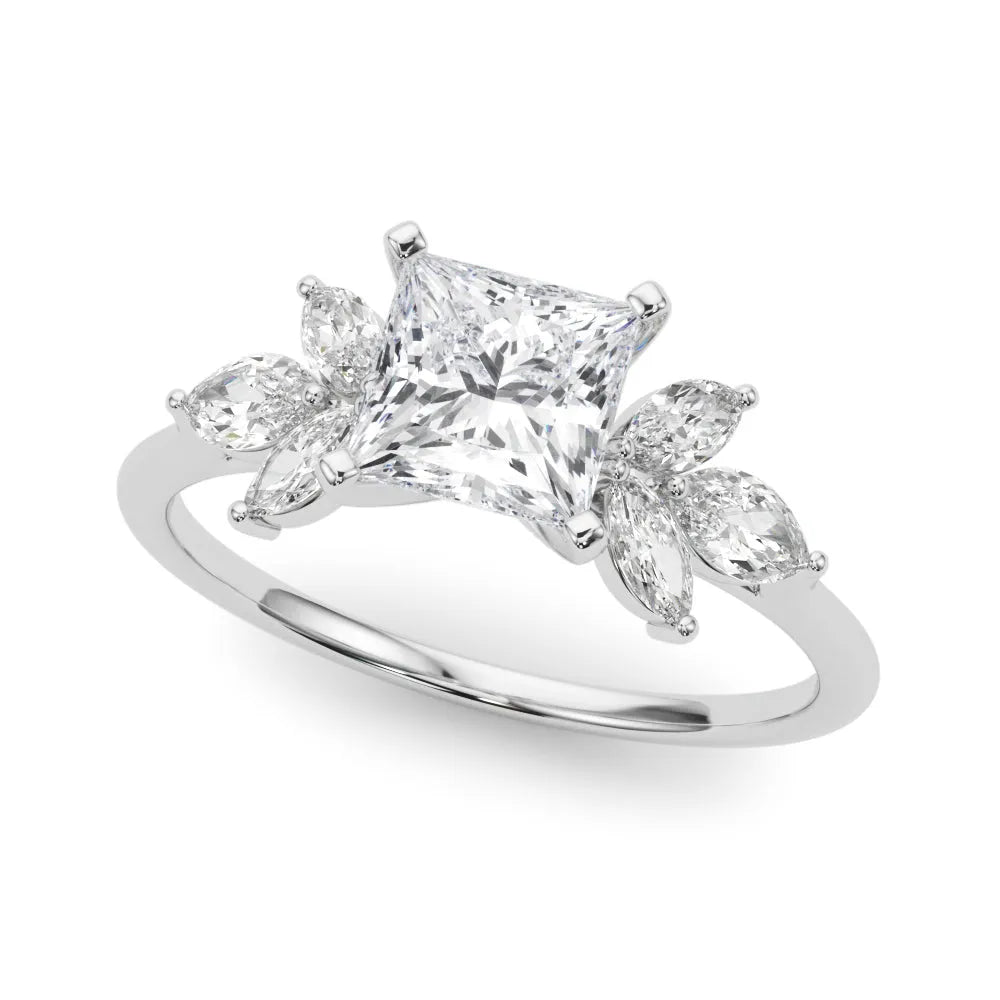 Platinum Princess Diamond Floral Cluster Ring with Marquise Side Stones and Six-Prong Solitaire Setting