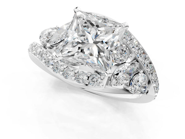 Platinum Princess Cut Bypass Engagement Ring Setting with Marquise and Pear Side Stones and Pave