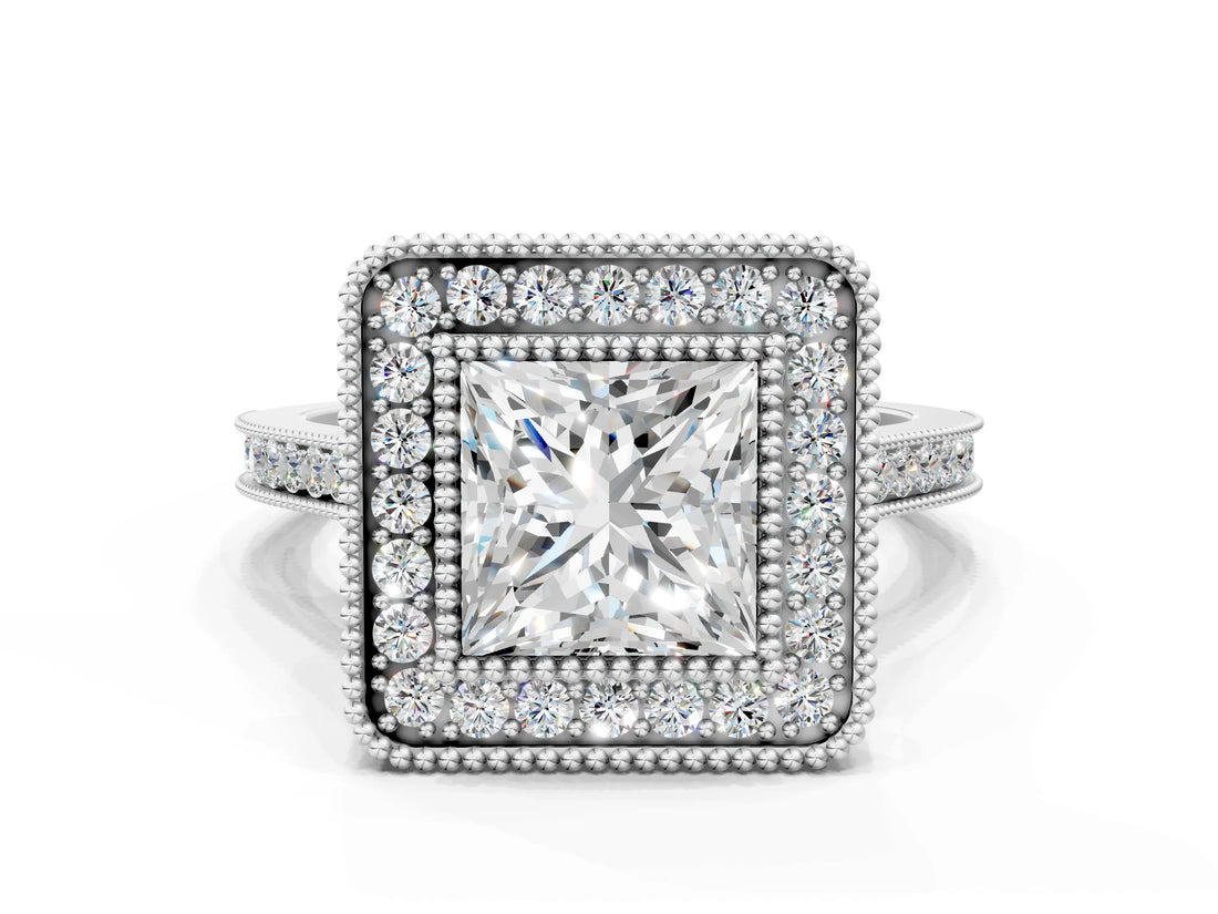 Platinum Princess Diamond Halo Ring with Milgrain Frame and Pavé Band