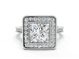 Platinum Princess Diamond Halo Ring with Milgrain Frame and Pavé Band