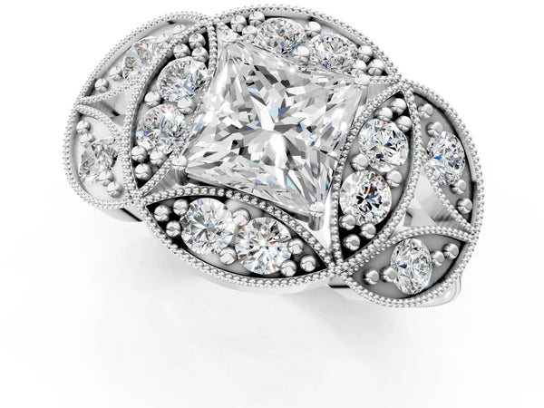 Platinum Princess Cut Vintage Halo Engagement Ring Setting with Milgrain Leaf Panels and Carved Band