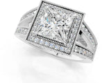 Platinum Princess Halo Split Shank Diamond Ring with Milgrain Prong Setting_7