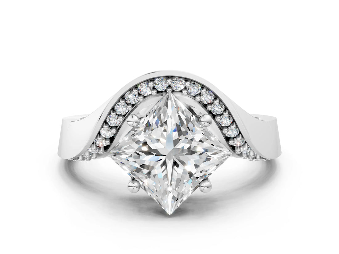 Platinum Princess Solitaire Diamond Engagement Ring with Pave Band and Four-Prong Setting 1