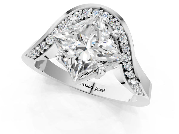 Platinum Princess Cut Bypass Solitaire Engagement Ring Setting with Pave Wave Band