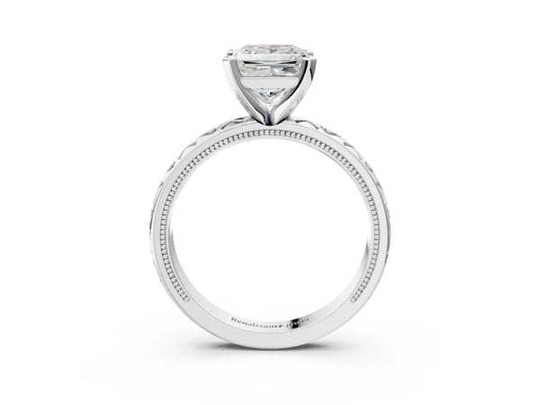 Platinum Princess Cut Solitaire Engagement Ring Setting with XO Engraved Band and Milgrain Edges