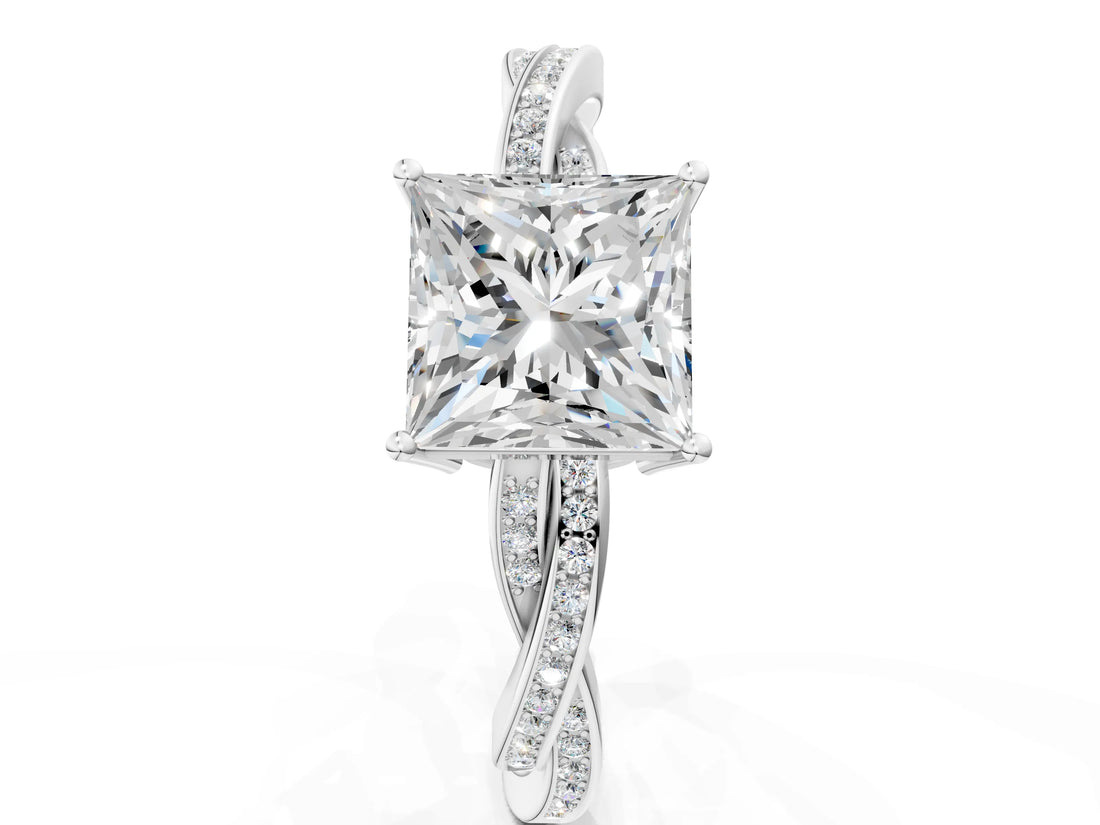 Platinum Princess Solitaire Twisted Pave Diamond Ring with Four-Prong Setting