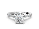Platinum Radiant Brilliant Diamond Solitaire with Pavé Band and Four-Prong Setting