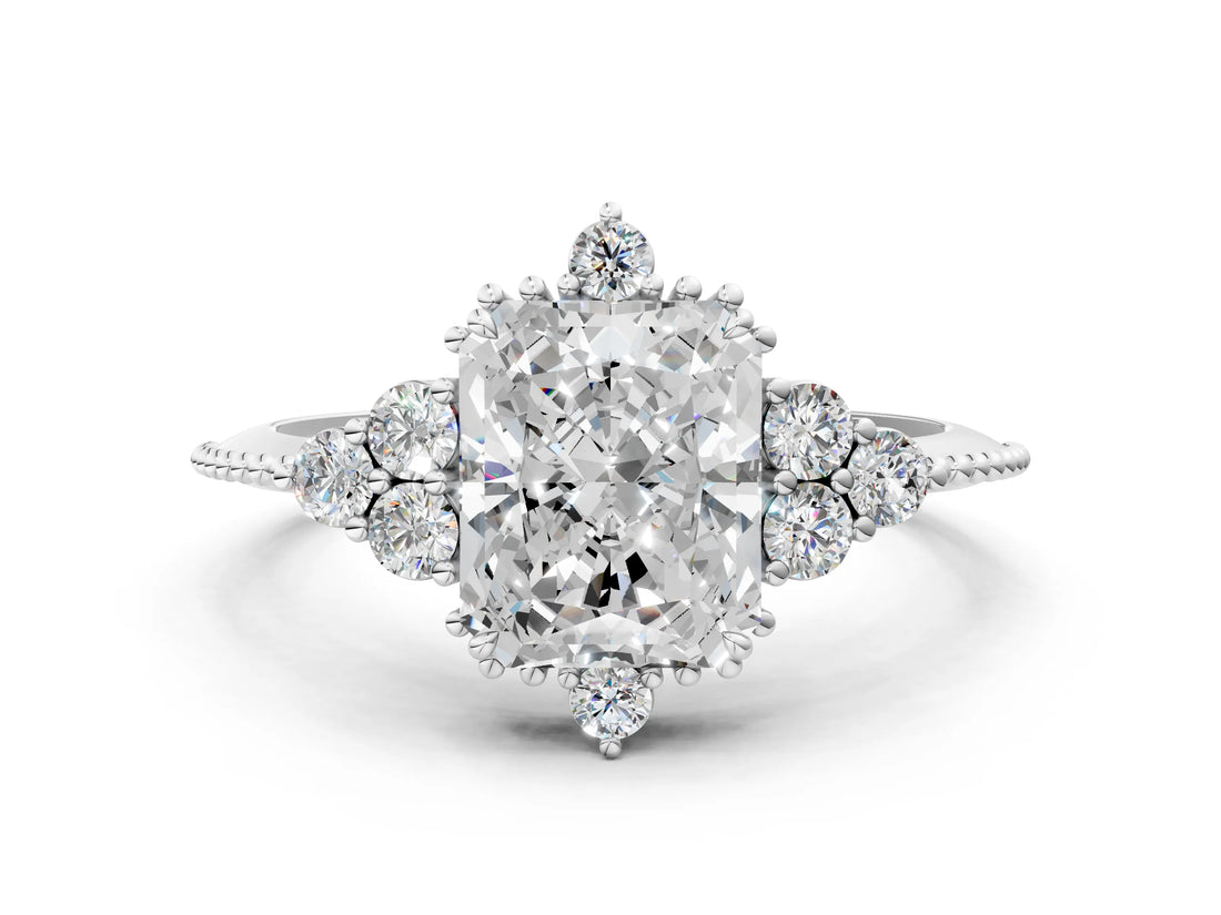 Platinum Radiant Cut Brilliant Diamond with Cluster Setting on a Beaded Band and Four-Prong Setting_7