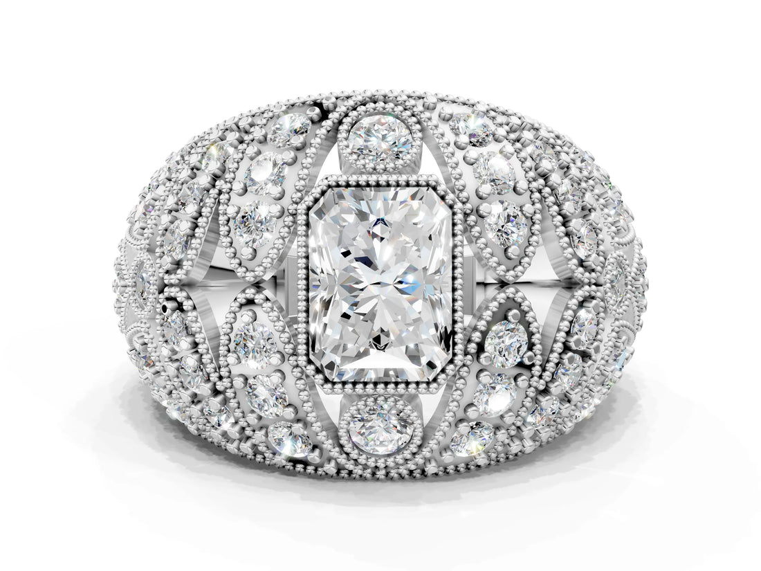 Platinum Radiant Cut Brilliant Halo Pave Diamond Milgrain Ring_13