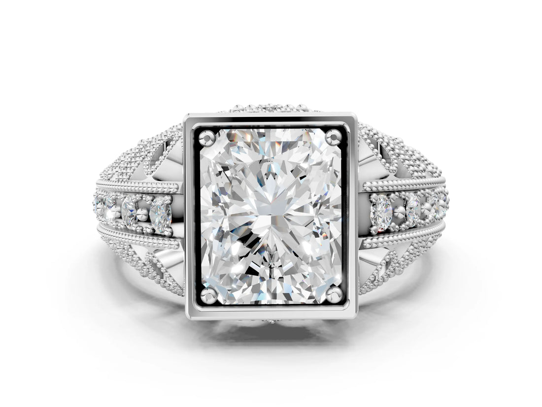Platinum Radiant Cut Brilliant Milgrain Filigree Diamond Ring with Square Prong Setting_13