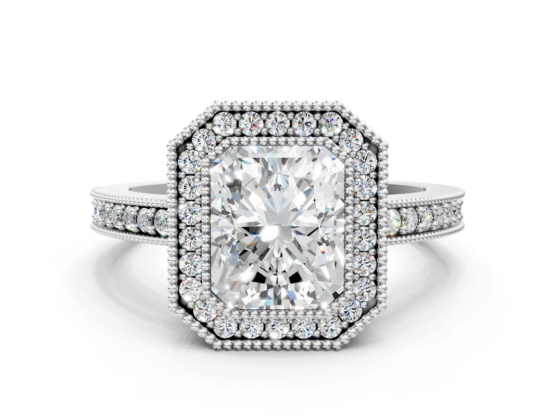 Platinum Radiant Cut-Cut Diamond Halo Engagement Ring with Pave Band and Prong Setting_13