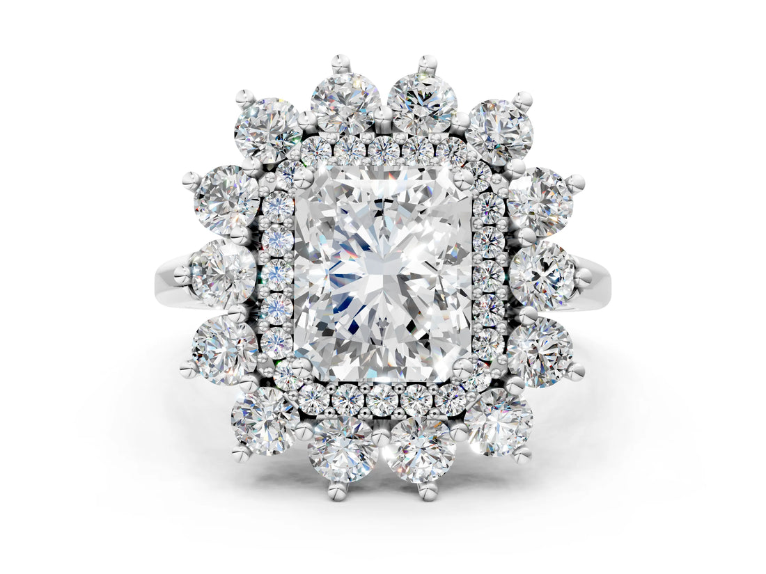 Platinum Radiant Cut Diamond Floral Double Halo Engagement Ring with Prong Setting_13