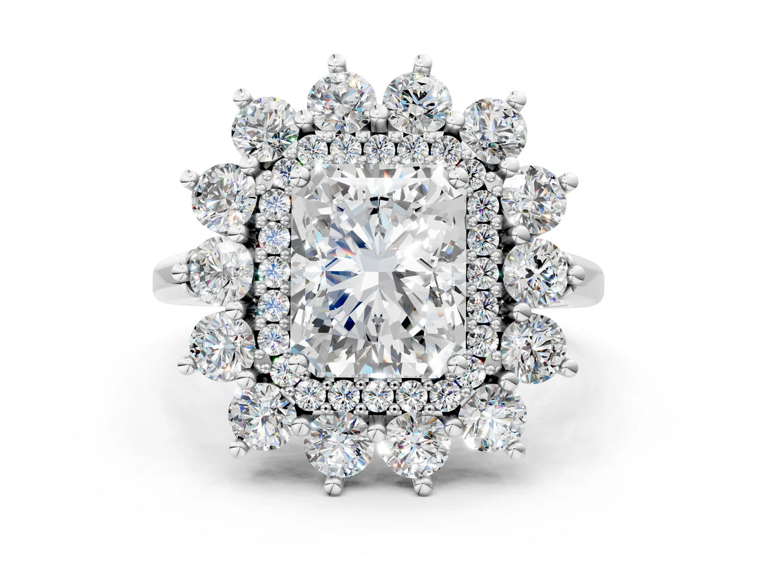 Platinum Radiant Cut Diamond Floral Double Halo Engagement Ring with Prong Setting_67