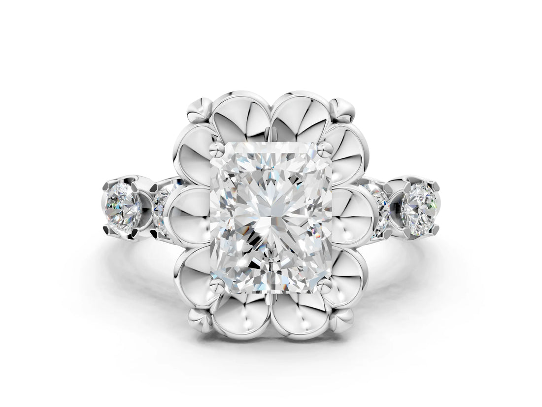 Platinum Radiant Cut Diamond Floral Halo Engagement Ring with Shared Prong Setting 2
