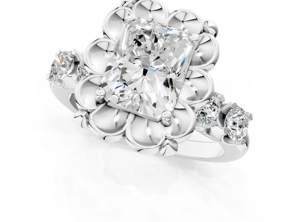 Platinum Radiant Cut Floral Engagement Ring Setting with Polished Petal Frame and Side Accents