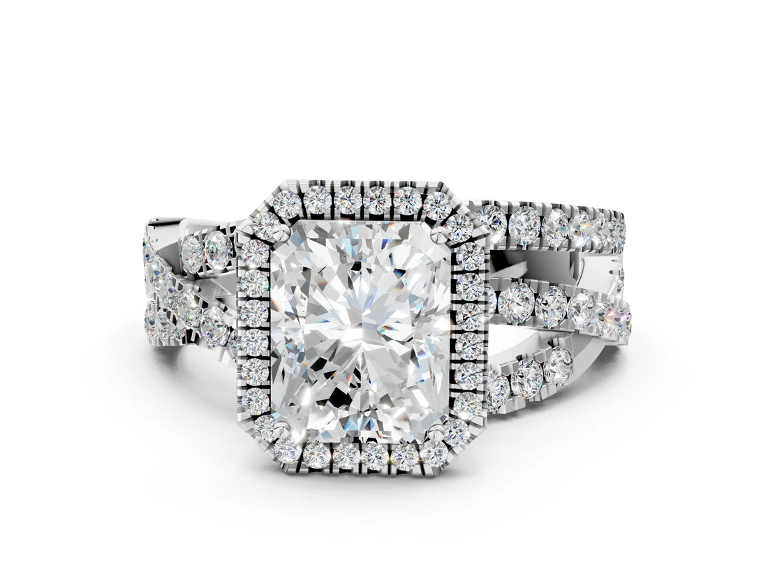 Platinum Radiant Cut Diamond Halo Ring with Round Split Shank and Prong Setting
