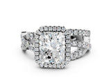 Platinum Radiant Cut Diamond Halo Ring with Round Split Shank and Prong Setting