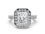 Platinum Radiant Cut Diamond Milgrain Halo Engagement Ring with Round Pavé Band and Prong Setting_12