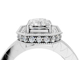 Platinum Radiant Cut Diamond Milgrain Halo Engagement Ring with Round Pavé Band and Prong Setting_16