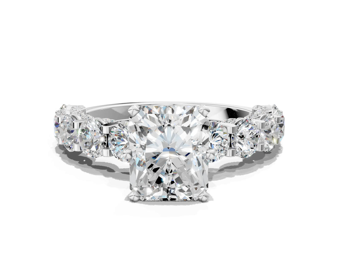 Platinum Radiant Cut Diamond Side Stone Engagement Ring with Four-Prong Setting