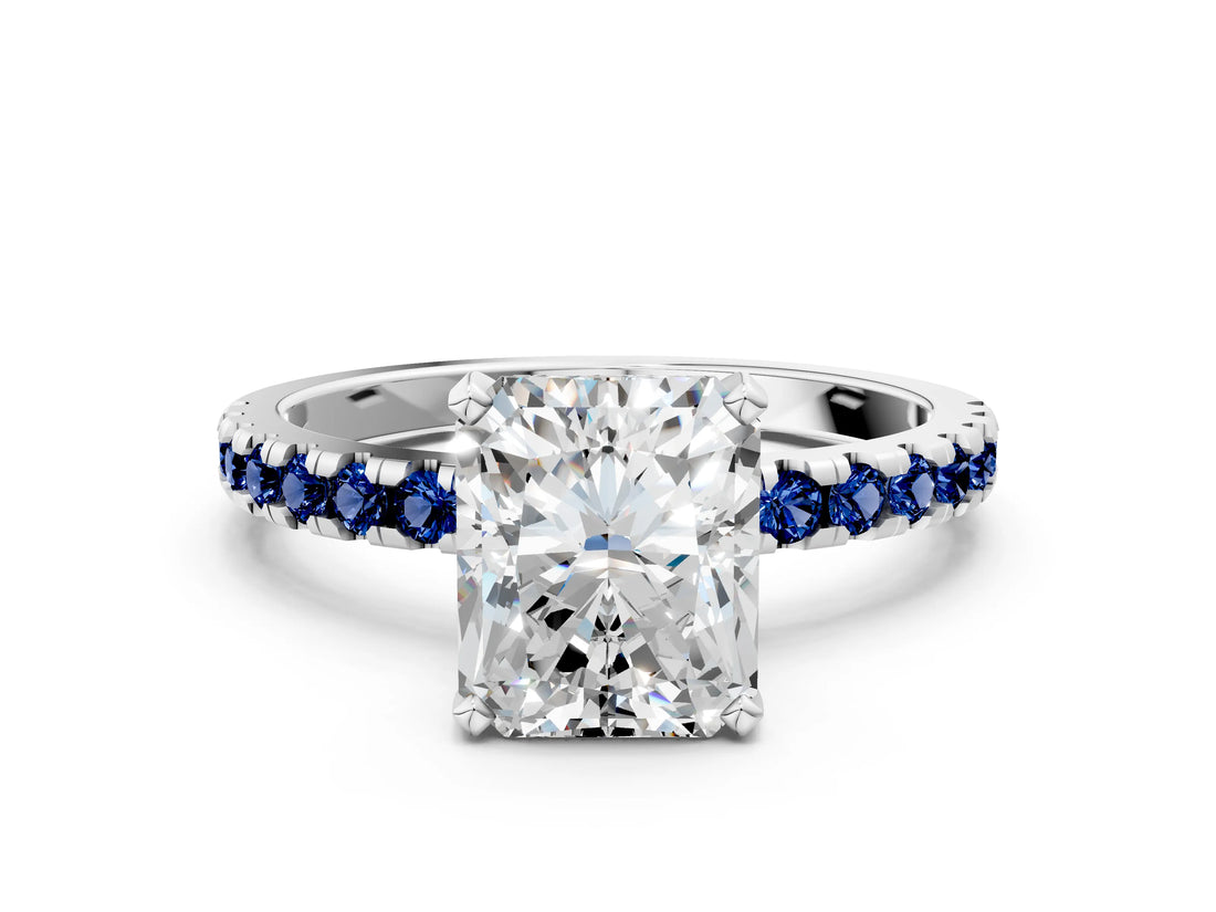 Platinum Radiant Cut Diamond Solitaire Ring with Round with Blue Sapphire side stone Pavé Band and Four-Prong Setting_12