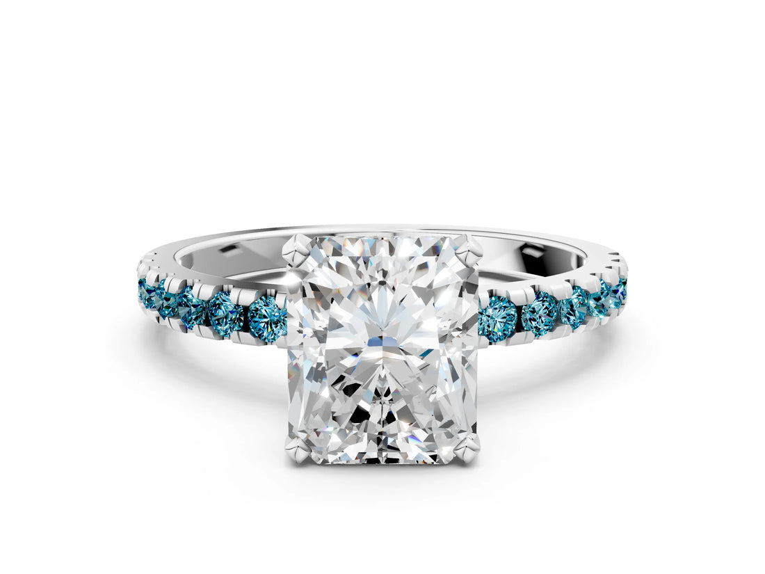 Platinum Radiant Cut Diamond Solitaire Ring with Round with Blue Topaz side stone Pavé Band and Four-Prong Setting_12