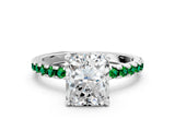 Platinum Radiant Cut Diamond Solitaire Ring with Round with Emerald side stone Pavé Band and Four-Prong Setting_12