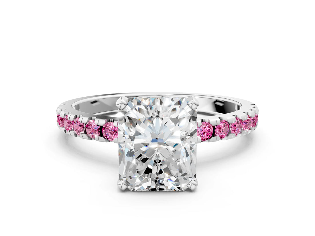 Platinum Radiant Cut Diamond Solitaire Ring with Round with Pink Sapphire side stone Pavé Band and Four-Prong Setting_12