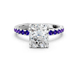 Platinum Radiant Cut Diamond Solitaire Ring with Round with Tanzanite side stone Pavé Band and Four-Prong Setting_12