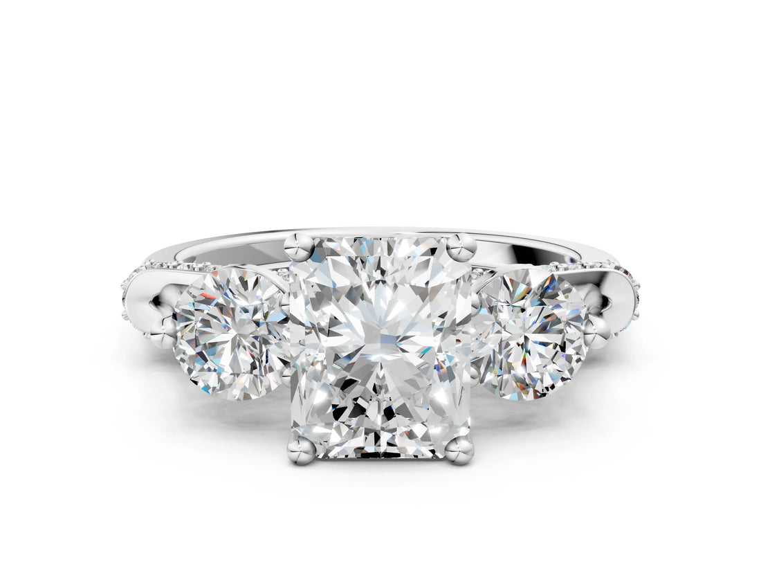 Platinum Radiant Cut Diamond Three-Stone Ring with Prong Setting and Pavé Band_7