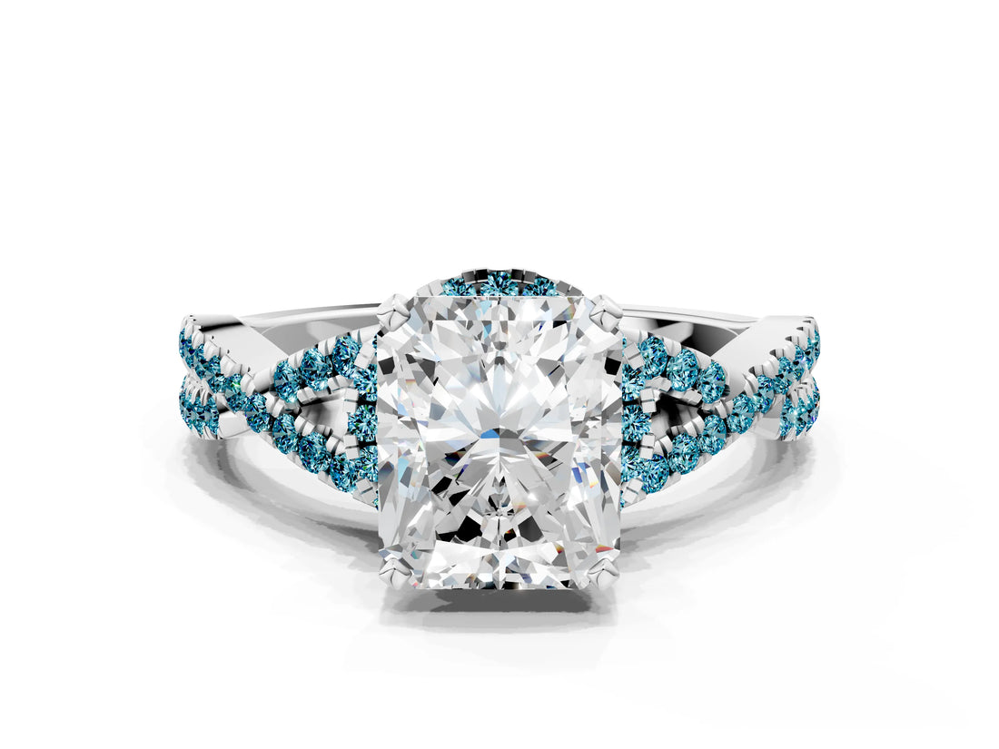 Platinum Radiant Cut Diamond with Blue Topaz side stone Halo Twist Band Solitaire Prong Setting Ring