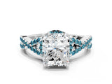 Platinum Radiant Cut Diamond with Blue Topaz side stone Halo Twist Band Solitaire Prong Setting Ring