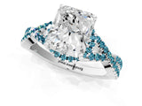Platinum Radiant Cut Diamond with Blue Topaz side stone Halo Twist Band Solitaire Prong Setting Ring_1