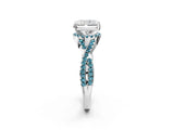 Platinum Radiant Cut Diamond with Blue Topaz side stone Halo Twist Band Solitaire Prong Setting Ring_2