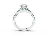Platinum Radiant Cut Diamond with Green Sapphire side stone Halo Twist Band Solitaire Prong Setting Ring_3